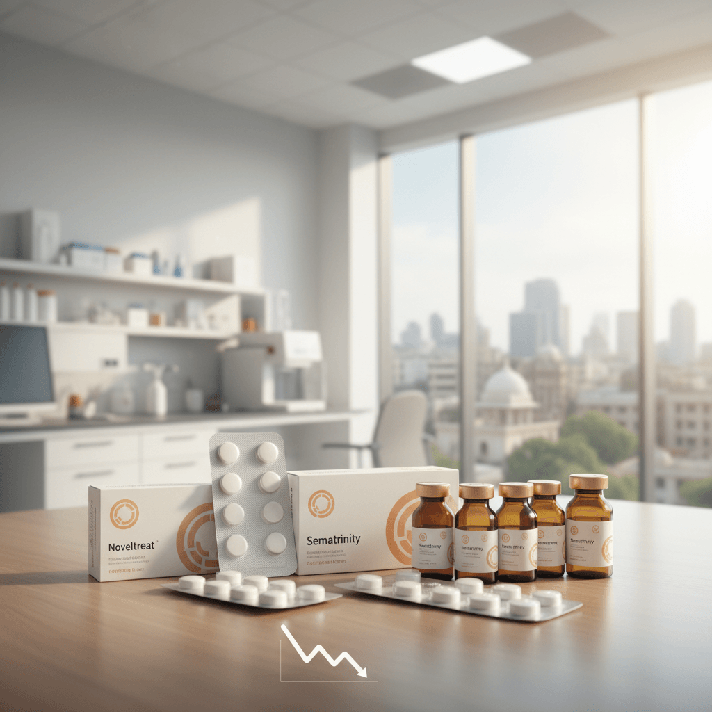 Pharmaceutical products, including boxes and blister packs of "Noveltreat" and "Sematrinity" on a wooden table.