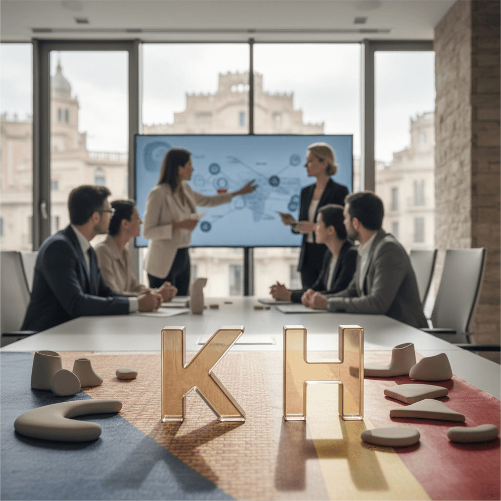 A professional business meeting with executives discussing branding in a modern office, overlooking a city.