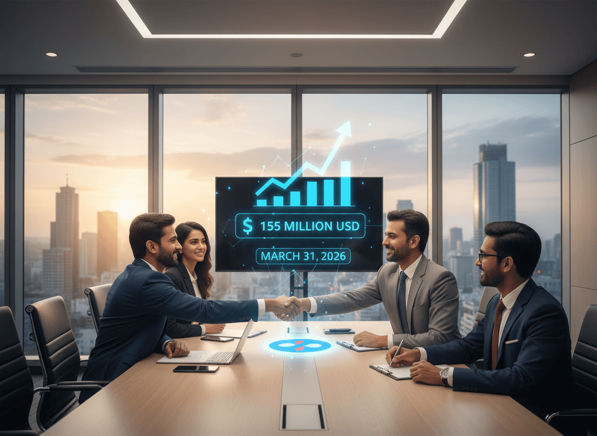 Four professionals shaking hands in a modern boardroom with a cityscape view and financial data on a screen.