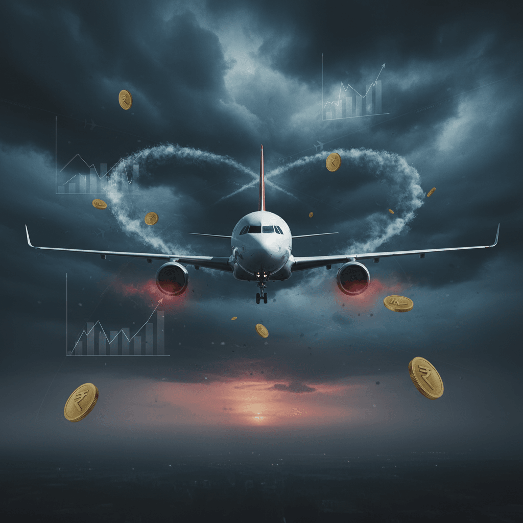 An Air India plane flying through dark, stormy clouds with falling rupee coins and financial graphs.