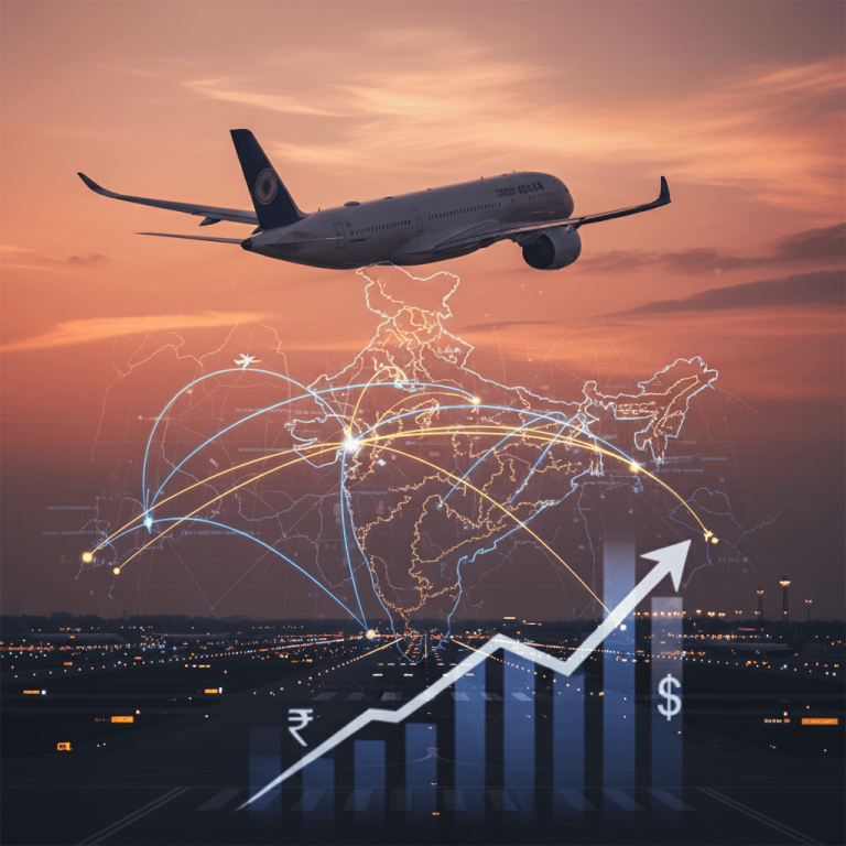 An airplane taking off over a map of India with flight paths and rising financial graphs, symbolizing policy changes.