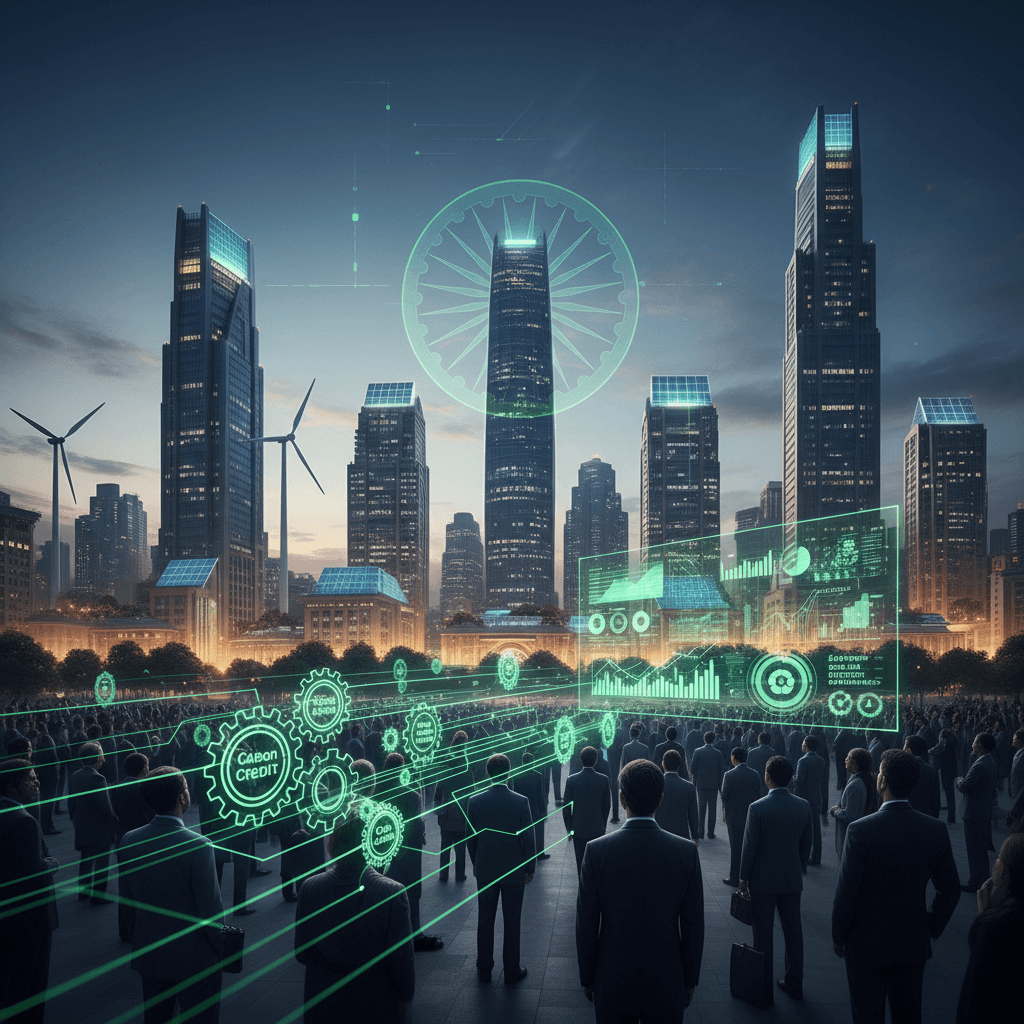 A futuristic cityscape with green energy visuals and business people, symbolizing India's new carbon market.