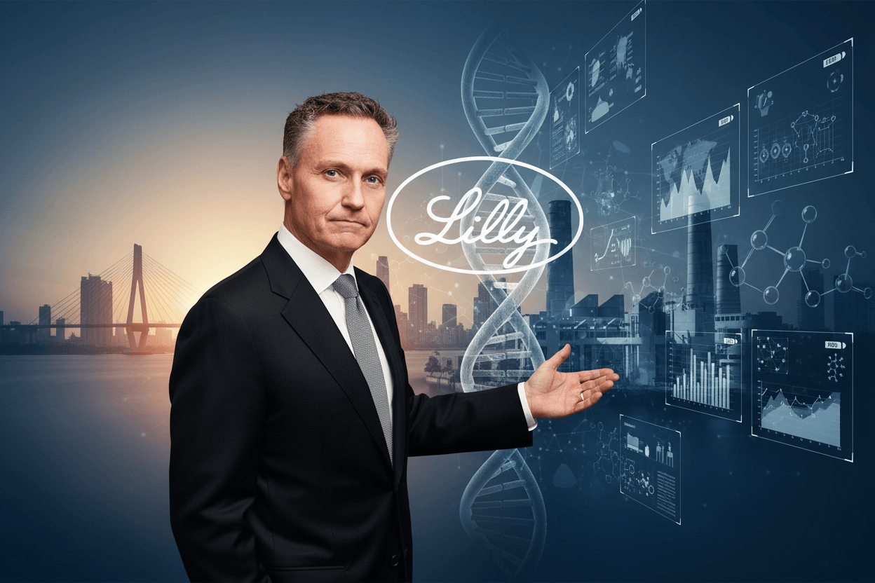 A man in a suit gesturing towards a futuristic cityscape with DNA helix and data visualizations, representing pharma investment.