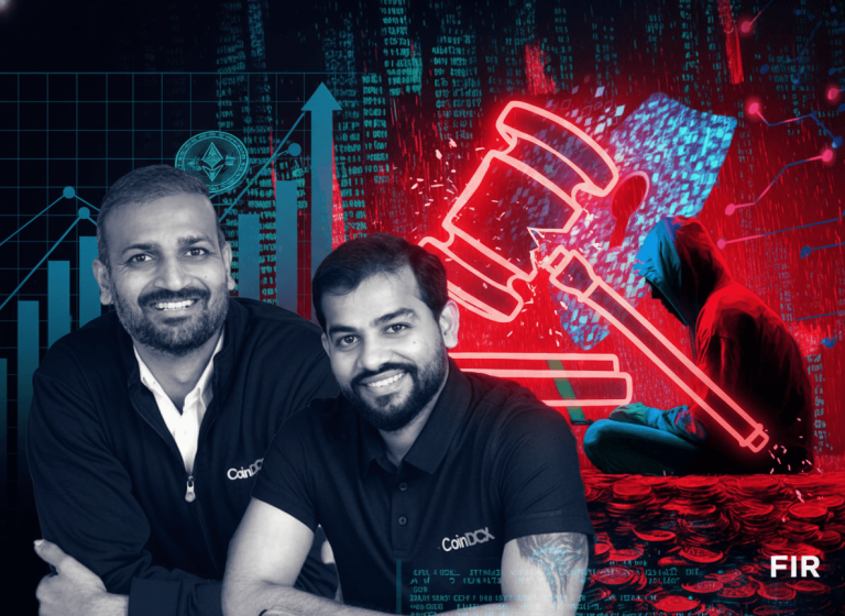Two smiling male founders in CoinDCX shirts, overlayed with abstract digital data, a glowing gavel, and a hooded hacker figure.
