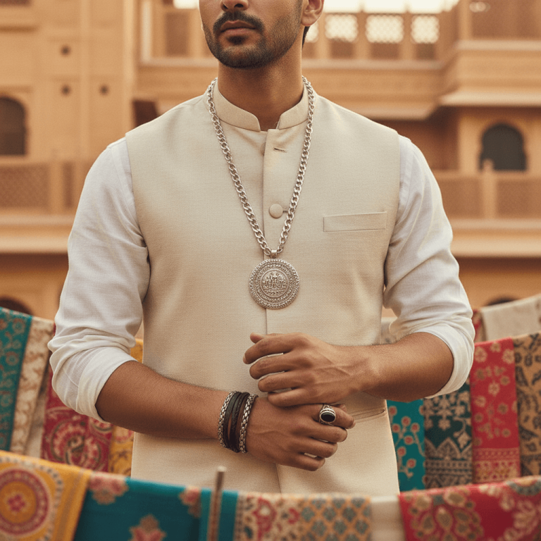 A stylish Indian man wearing a traditional vest and modern jewelry, with intricate fabrics in the background.