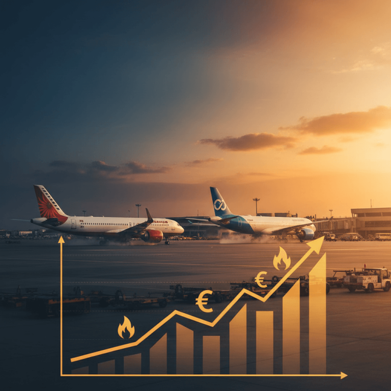 An airport scene at sunset with Air India and Akasa Air planes. An overlay shows an upward graph with euro and flame icons, symbolizing rising fuel prices.