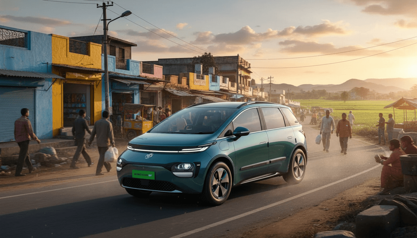 An MG electric vehicle drives through a lively street in a non-metro Indian town with colorful buildings and people.