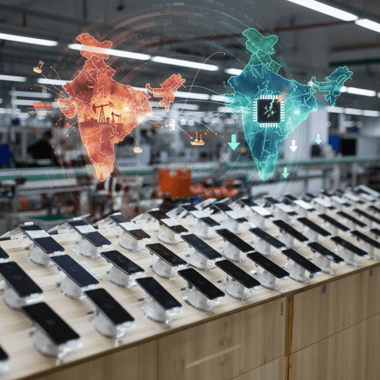 A factory floor with smartphones on display and two holographic maps of India showing supply chain issues and electronic components.