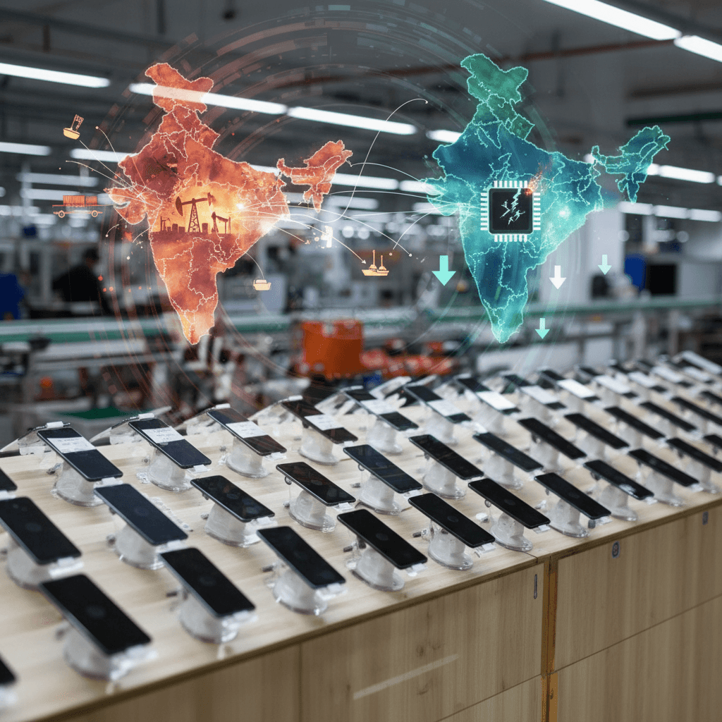 A factory floor with smartphones on display and two holographic maps of India showing supply chain issues and electronic components.