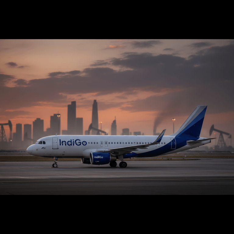 An IndiGo airplane on an airport tarmac with a city skyline and oil derricks in the background at sunset.