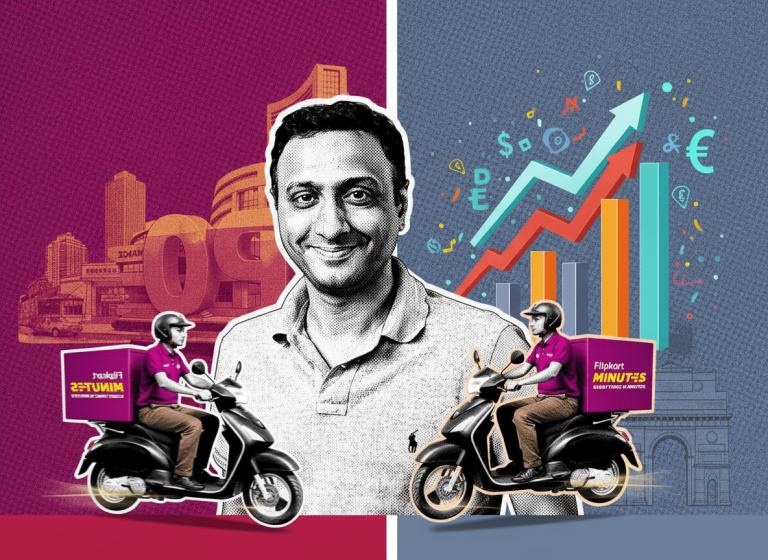 A man stands between two delivery riders, with an IPO building and financial growth charts in the background.