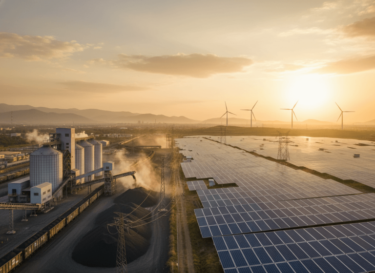 An aerial view of a dual energy landscape featuring a coal power plant and a large solar farm at sunset.