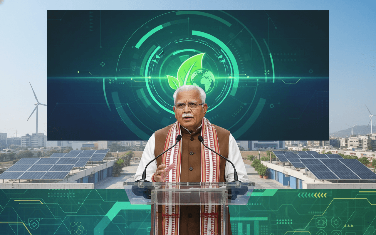 A man at a podium with a futuristic green energy display and solar panels and wind turbines in the background.