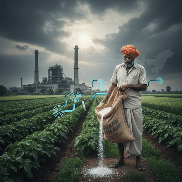 An Indian farmer pours urea fertilizer from a sack onto a field with a power plant and a map of India in the background.