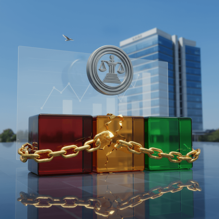 A red, amber, and green translucent block are linked by a broken golden chain, with a scale of justice emblem above.