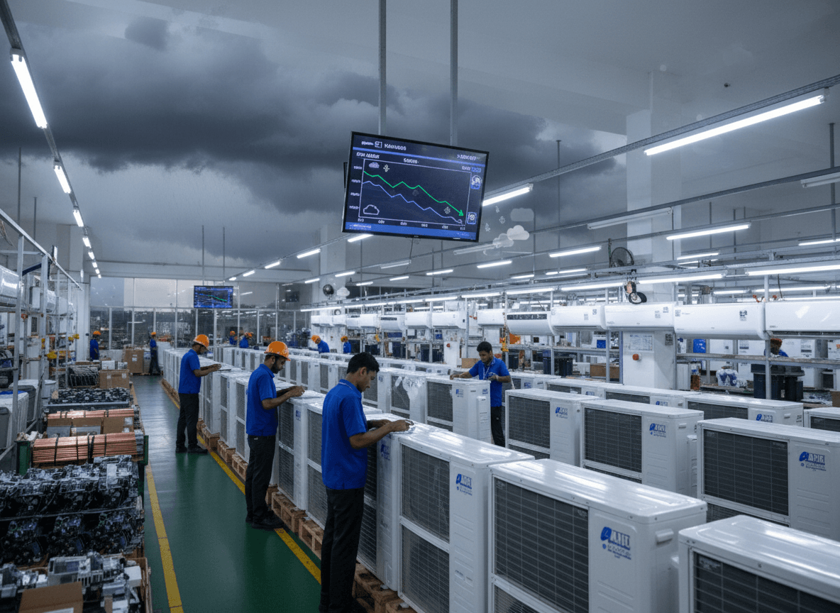 Workers assemble air conditioners in a factory, with dark, stormy clouds visible outside a large window. A screen shows declining graphs.