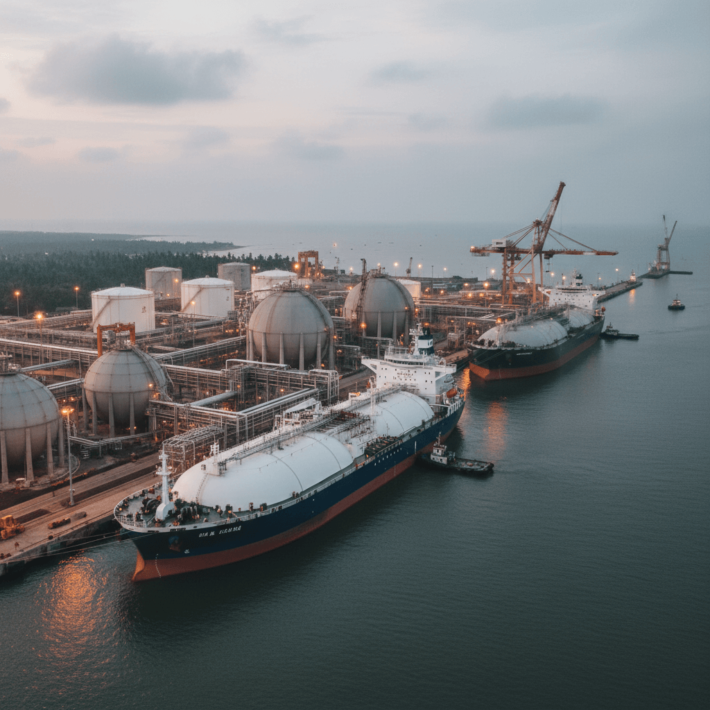 Two large LPG tankers are docked at a busy port in India, with storage tanks and cranes visible under a cloudy sky.