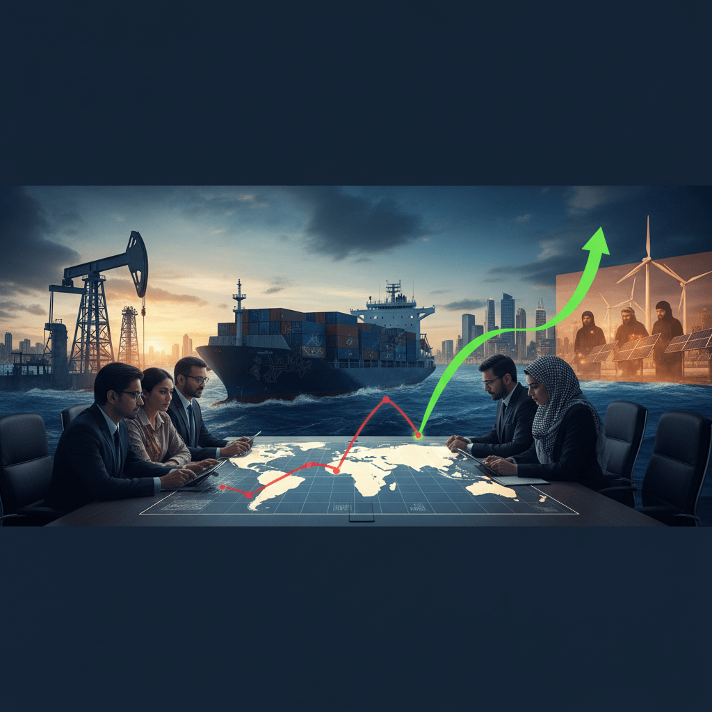 Business meeting analyzing global supply chains with a ship, oil rig, and renewable energy in the background.