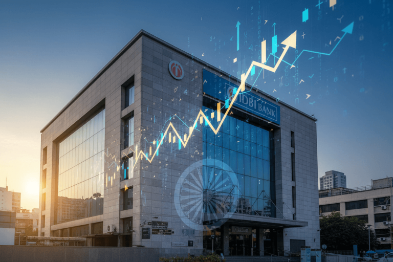 A modern bank building with a stylized stock market chart and arrows overlaid, symbolizing growth and government policy.