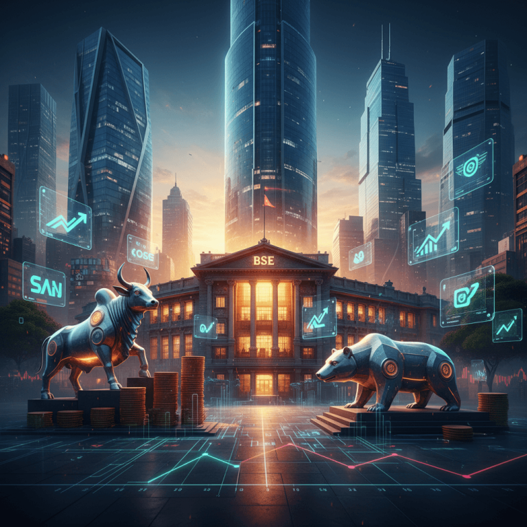 A futuristic cityscape with the Bombay Stock Exchange, a metallic bull, and a metallic bear, symbolizing India's IPO market.