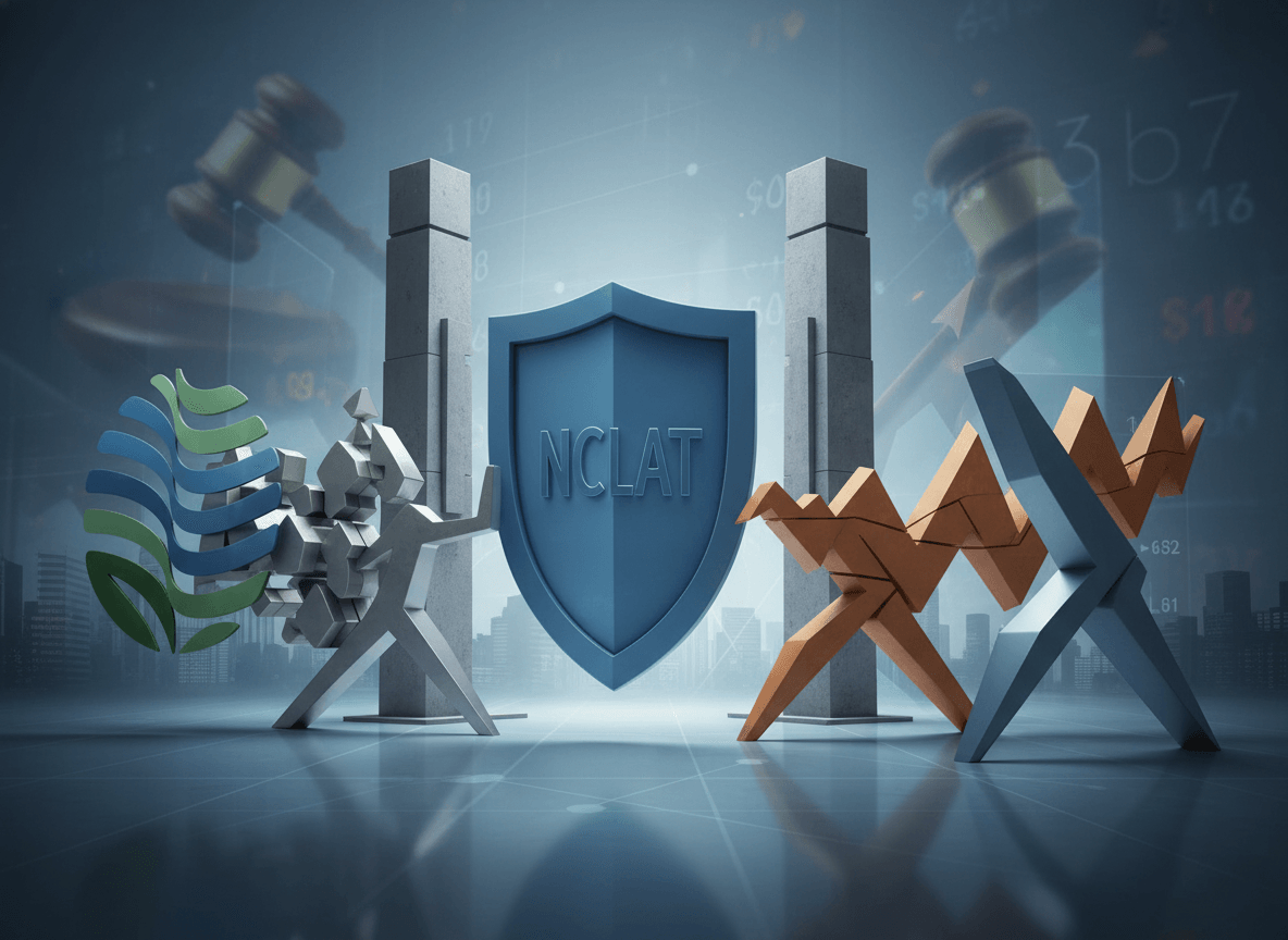 Abstract visual representing a corporate acquisition dispute with company logos and legal symbols.