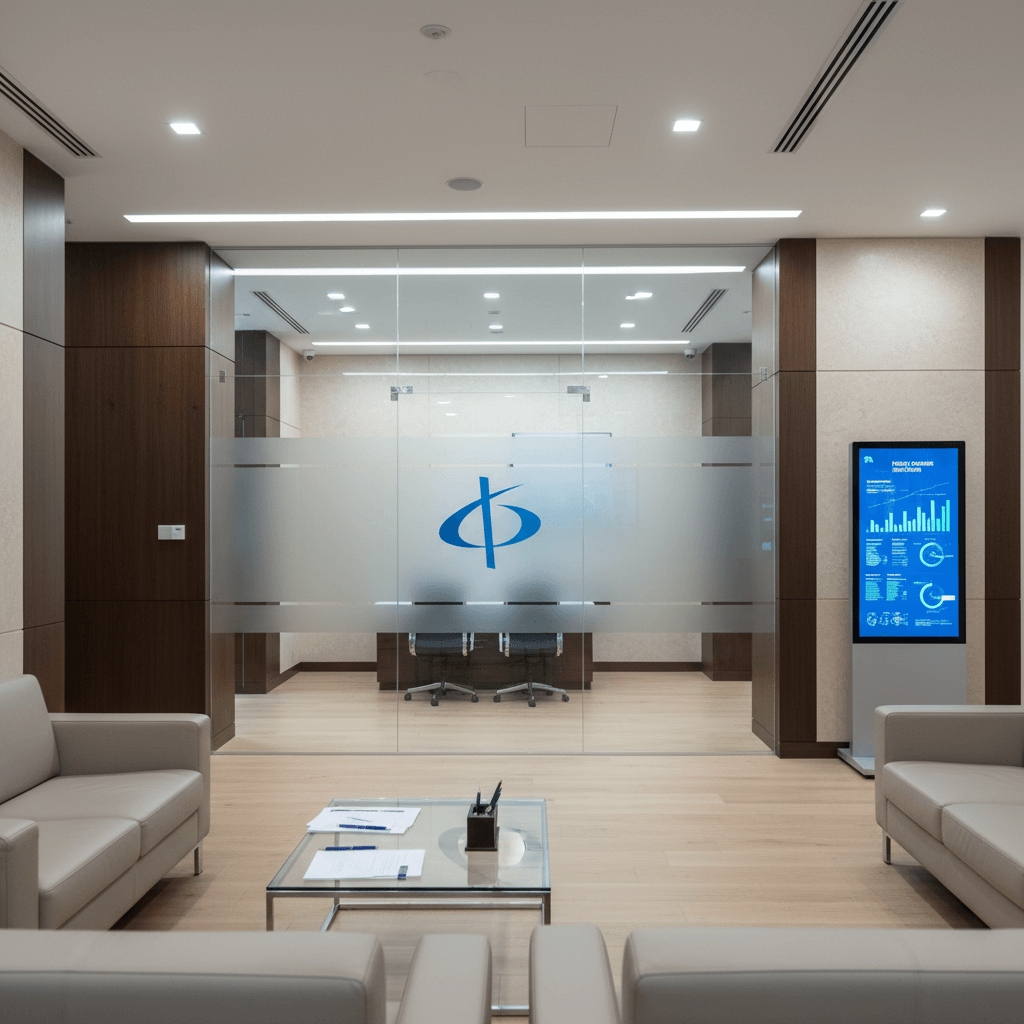 A modern, professional office lobby with beige sofas, a glass coffee table, and a frosted glass wall leading to a meeting room.