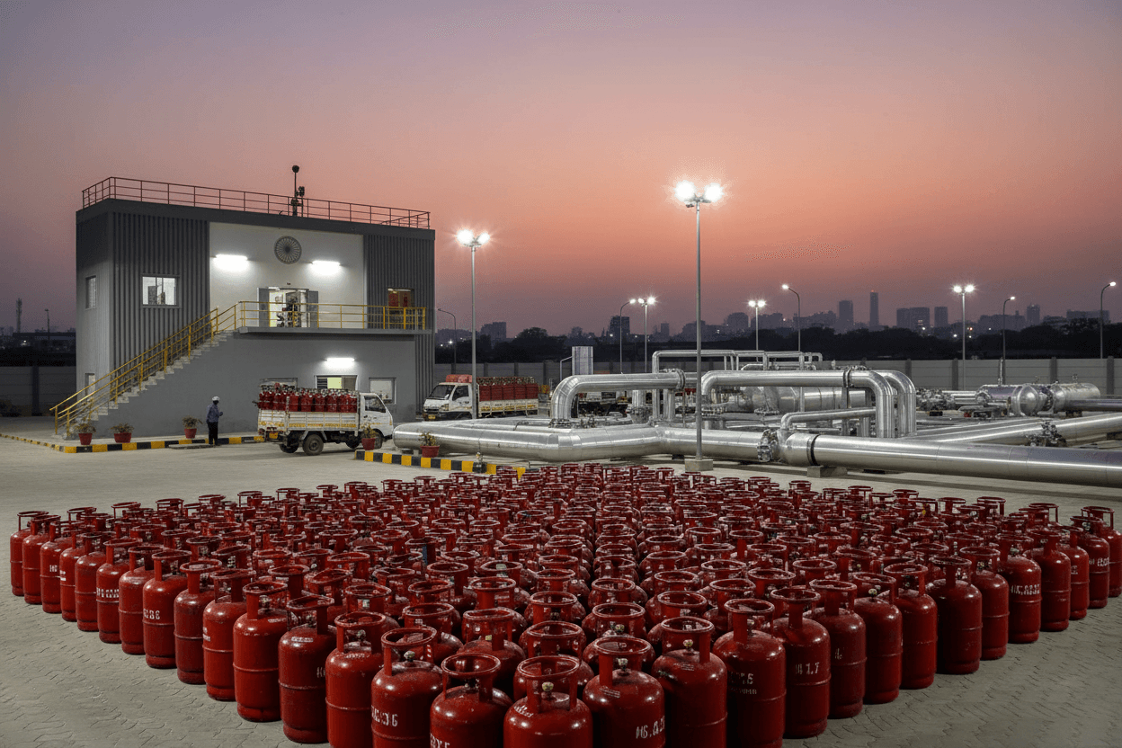 Rows of red LPG cylinders in the foreground with gas pipelines and a modern facility under a twilight sky.