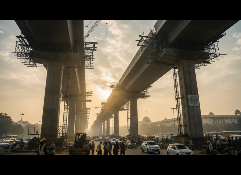 A wide shot of a massive elevated highway under construction in India, with traffic flowing below and government buildings in the background.