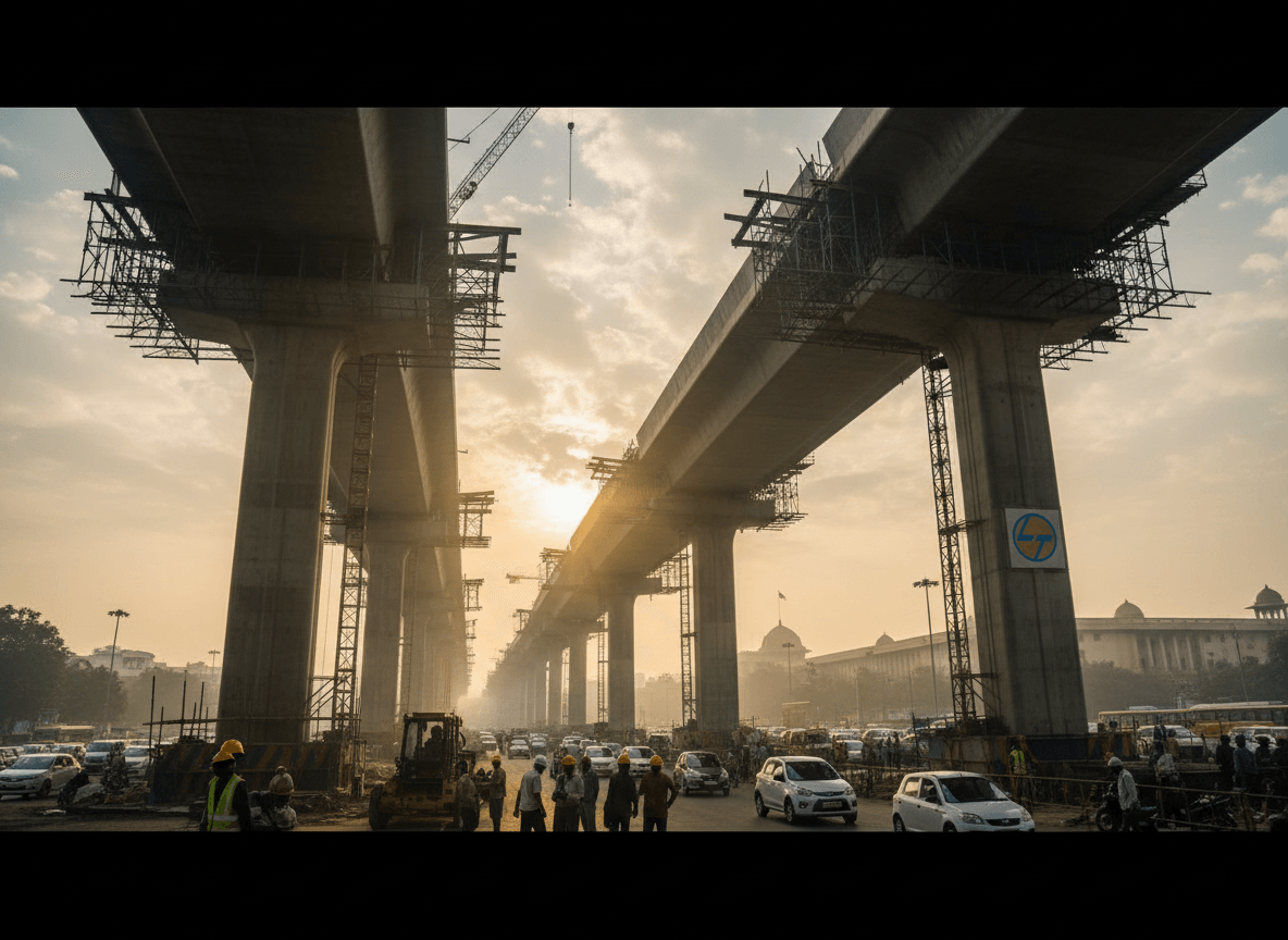A wide shot of a massive elevated highway under construction in India, with traffic flowing below and government buildings in the background.