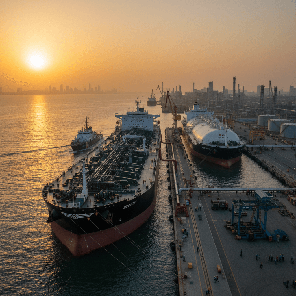 An aerial view of a bustling port at sunset with multiple large cargo ships, including an oil tanker and an LNG carrier, docked.