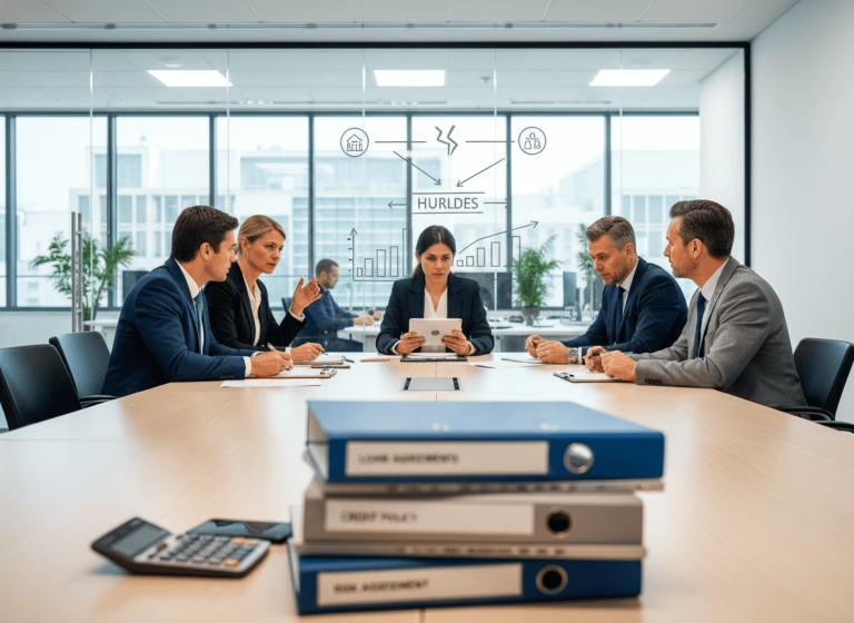 A group of professionals in a modern office meeting room, with digital overlays illustrating "HURDLES" in a financial scheme.