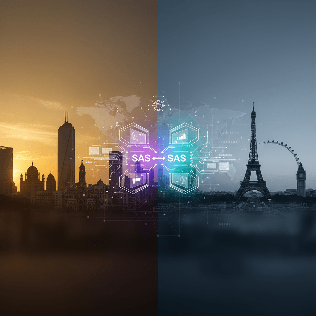 Split image of Mumbai skyline at sunset and Paris skyline at dusk, connected by glowing digital network circuits.
