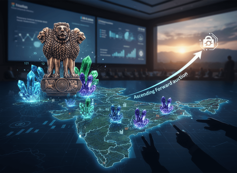A stylized map of India with glowing critical minerals, the Ashoka Emblem, and a growth arrow pointing towards a lock icon.