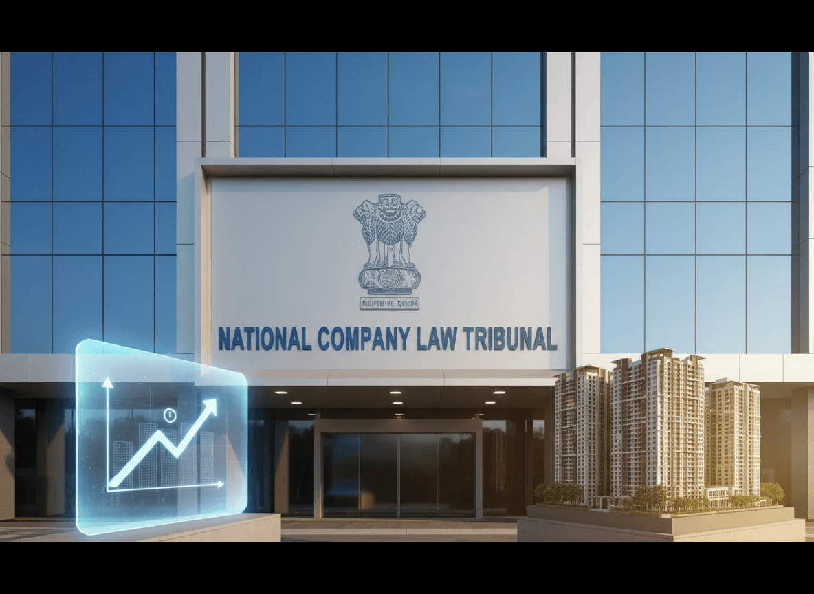A modern NCLT building with a holographic growth chart and a detailed model of a high-rise residential project.
