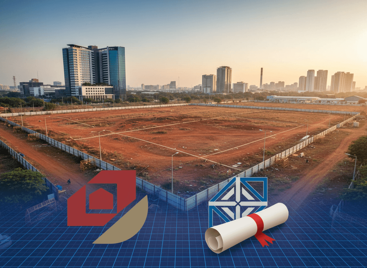 An aerial view of a large, empty land parcel in Bengaluru with modern buildings in the background, symbolizing a land dispute.
