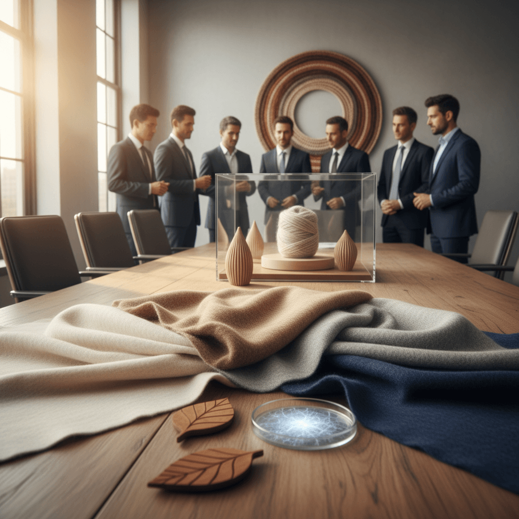 A professional setting with textile samples, a merino wool display, and suited men discussing in the background.