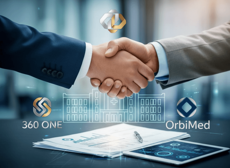 Two business people shaking hands over a table with financial documents and a digital tablet, with stylized logos and a hospital outline.