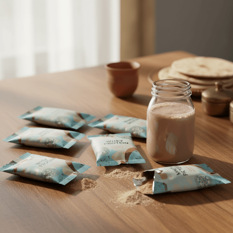 Several whey protein sachets, one open with powder spilled, and a glass of protein drink on a wooden table.
