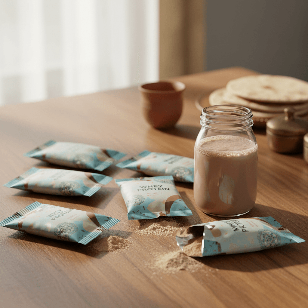 Several whey protein sachets, one open with powder spilled, and a glass of protein drink on a wooden table.