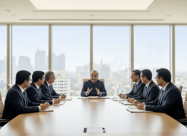 A group of professionals in suits around a large boardroom table, with a city skyline visible through windows.