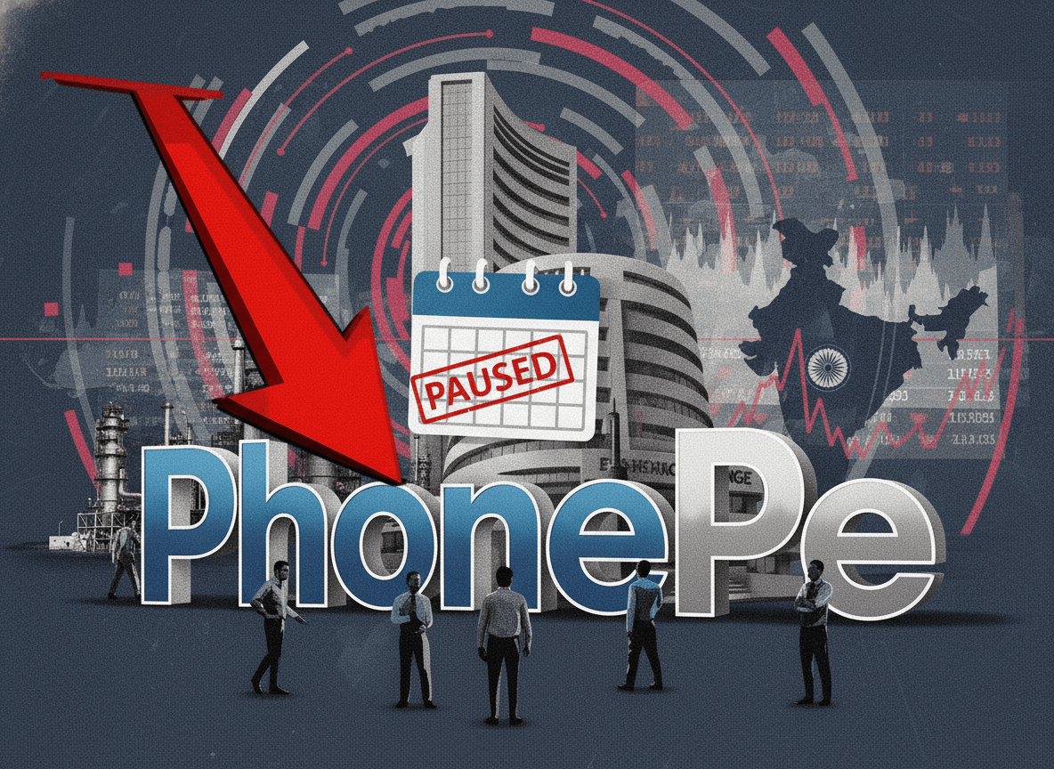 An image depicting PhonePe IPO delay, with a calendar showing 'paused' and a red arrow pointing down.