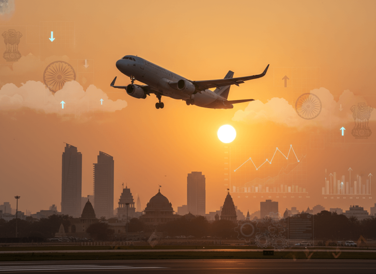A passenger airplane takes off at sunset over an Indian cityscape, with data visualizations representing policy changes.