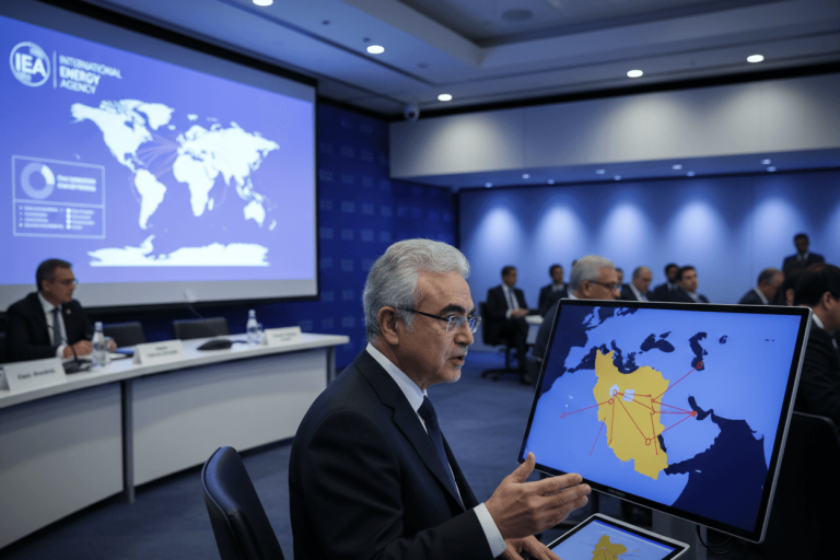 A man in a suit gestures towards a screen displaying a map of Iran and surrounding regions.