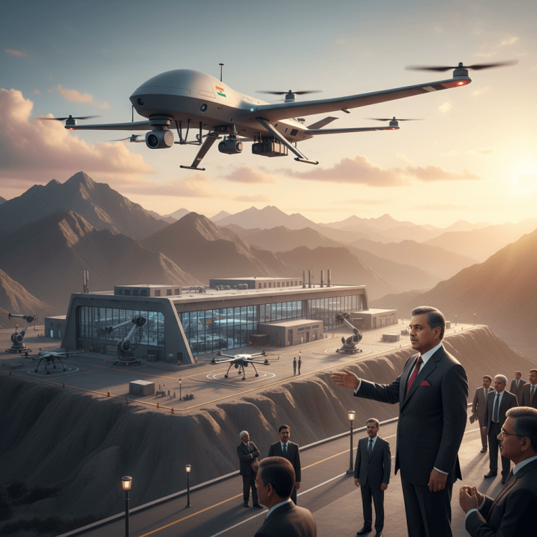 A prominent Indian government official addresses a group of professionals at a drone manufacturing facility in a mountainous region.