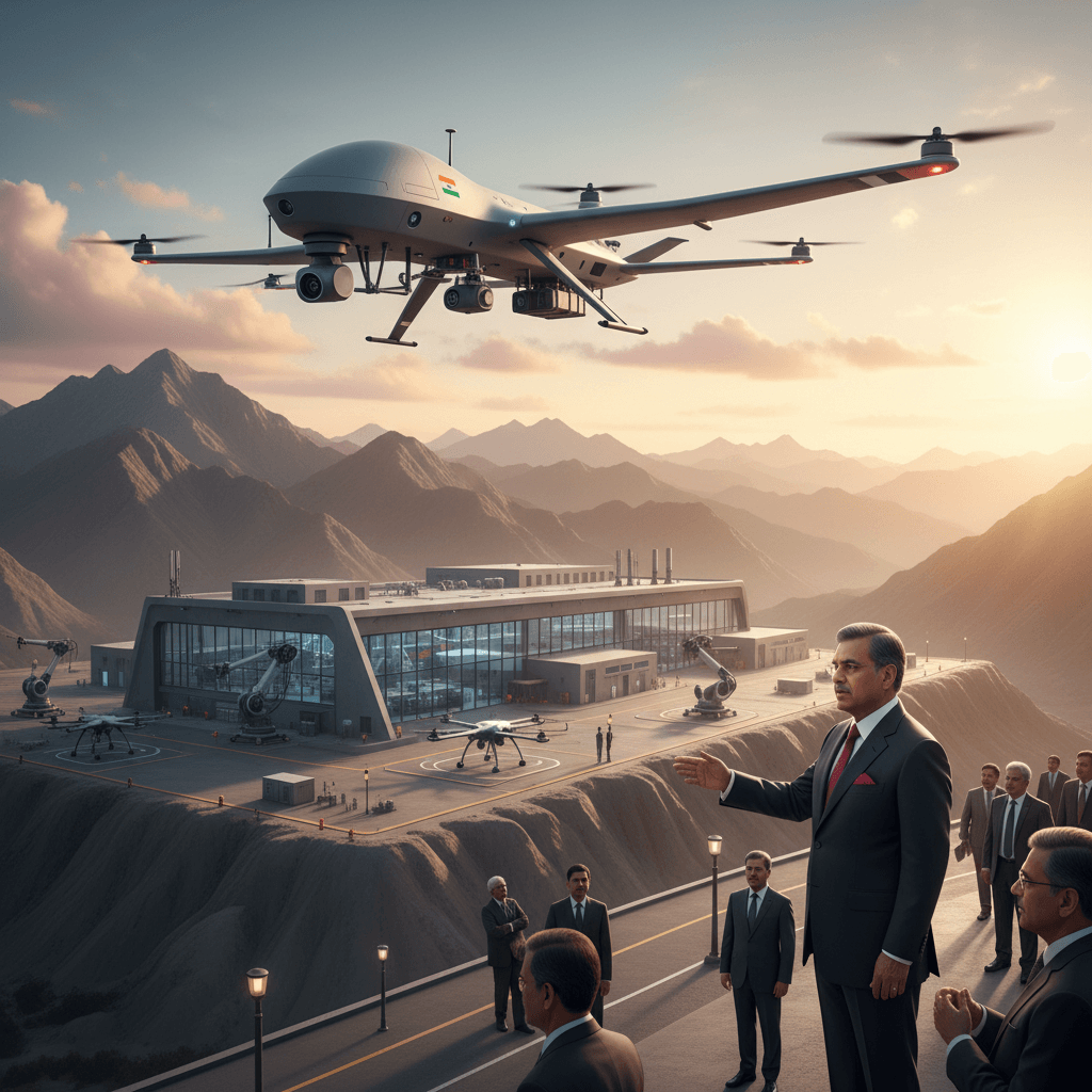 A prominent Indian government official addresses a group of professionals at a drone manufacturing facility in a mountainous region.