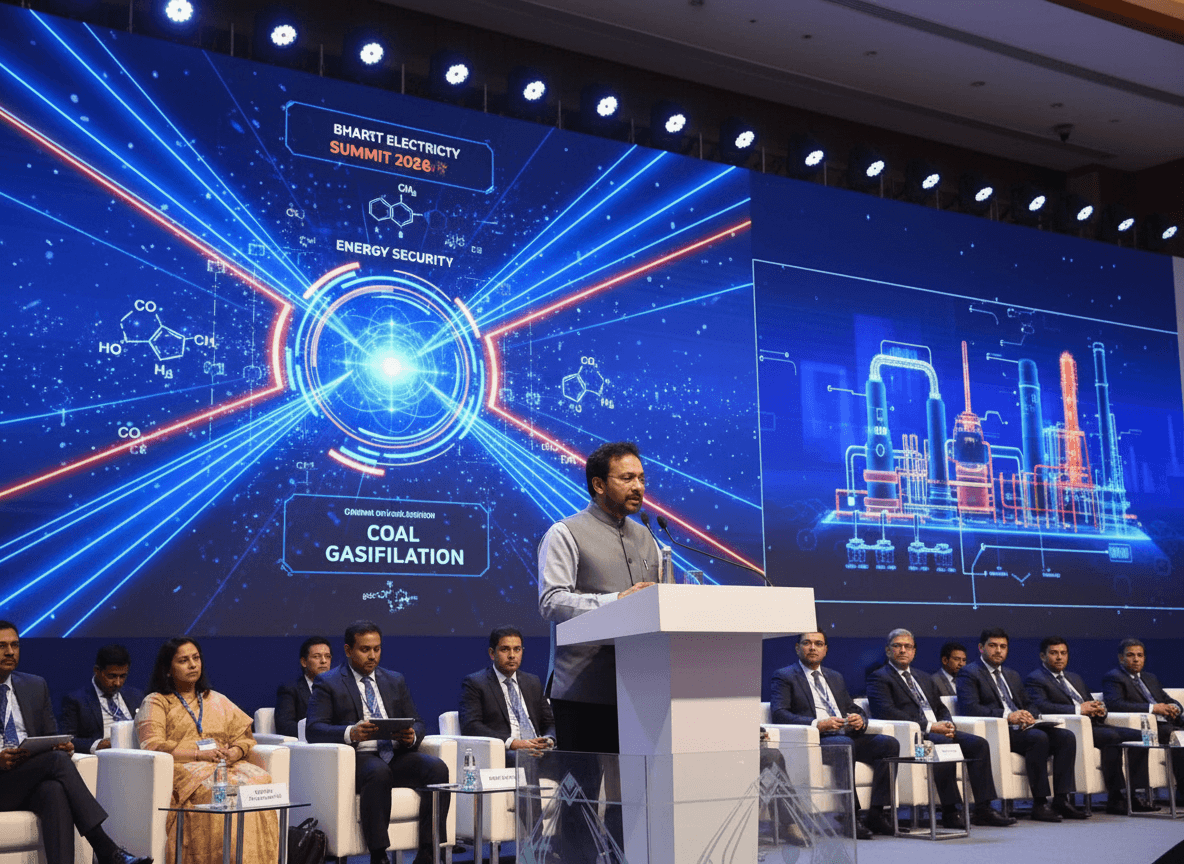 Indian minister speaking at a summit, with a large screen behind showing "Coal Gasification" and chemical diagrams.