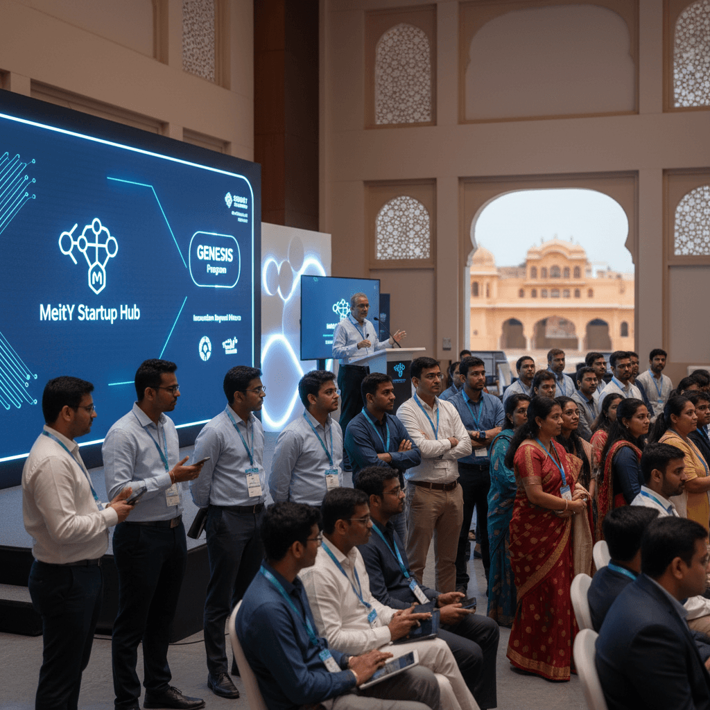 A professional conference with a speaker on stage and a large audience, featuring a screen with "MeitY Startup Hub" and "GENESIS Program" logos.