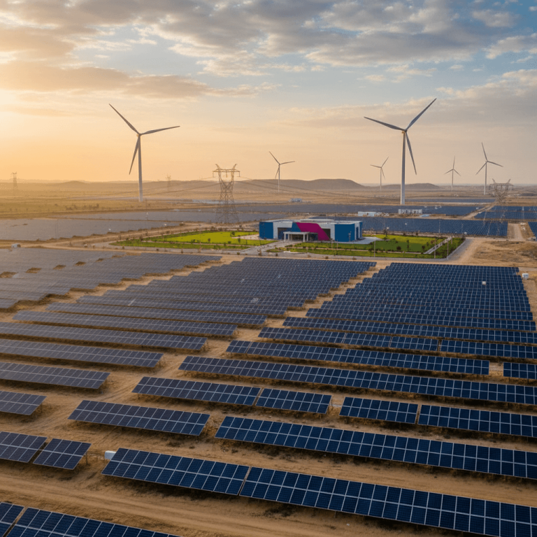 Aerial view of a vast solar power plant with rows of panels and wind turbines under a cloudy, golden sky at sunset.