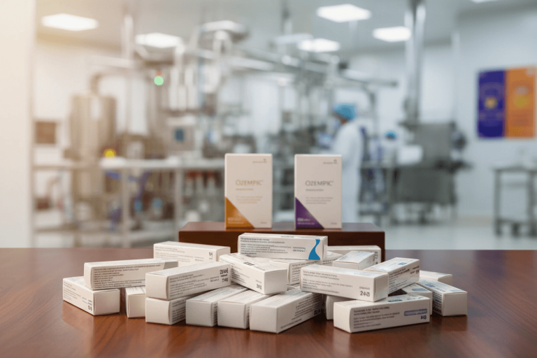 A professional shot of various medicine boxes, some labeled "Ozempic," on a wooden table in a pharmaceutical factory.