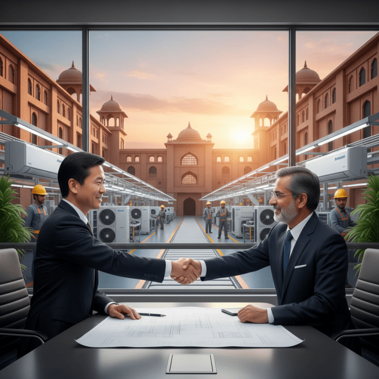 Two executives, one East Asian and one South Asian, shake hands over blueprints with an AC factory and Indian architecture in the background.